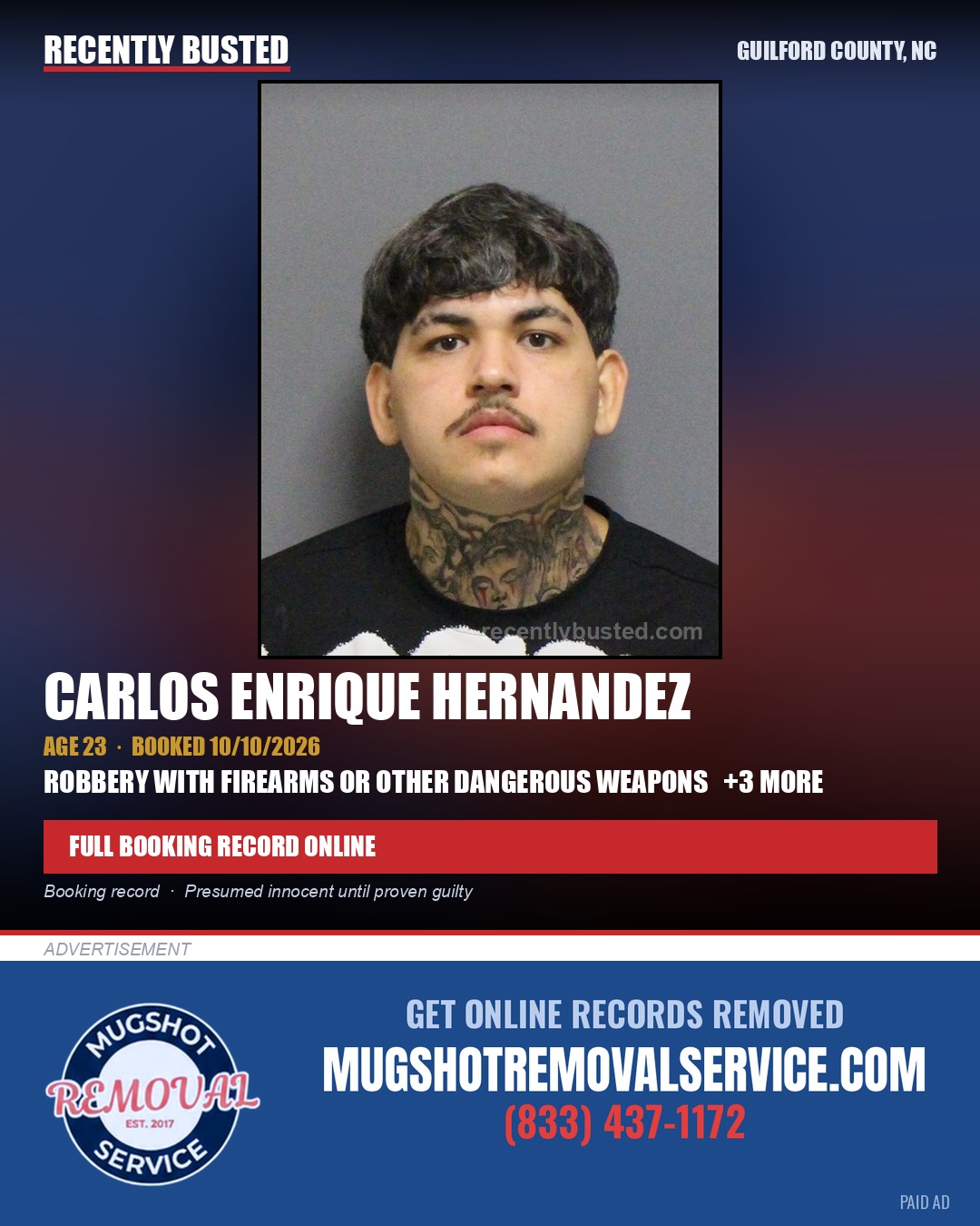 CARLOS ENRIQUE HERNANDEZ — arrest record card, Guilford County, North Carolina
