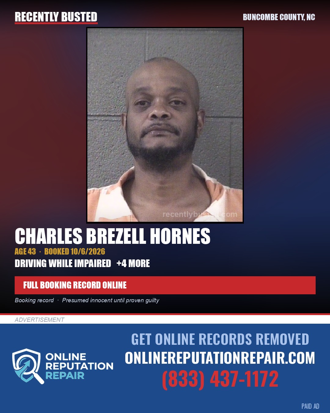 CHARLES BREZELL HORNES — arrest record card, Buncombe County, North Carolina