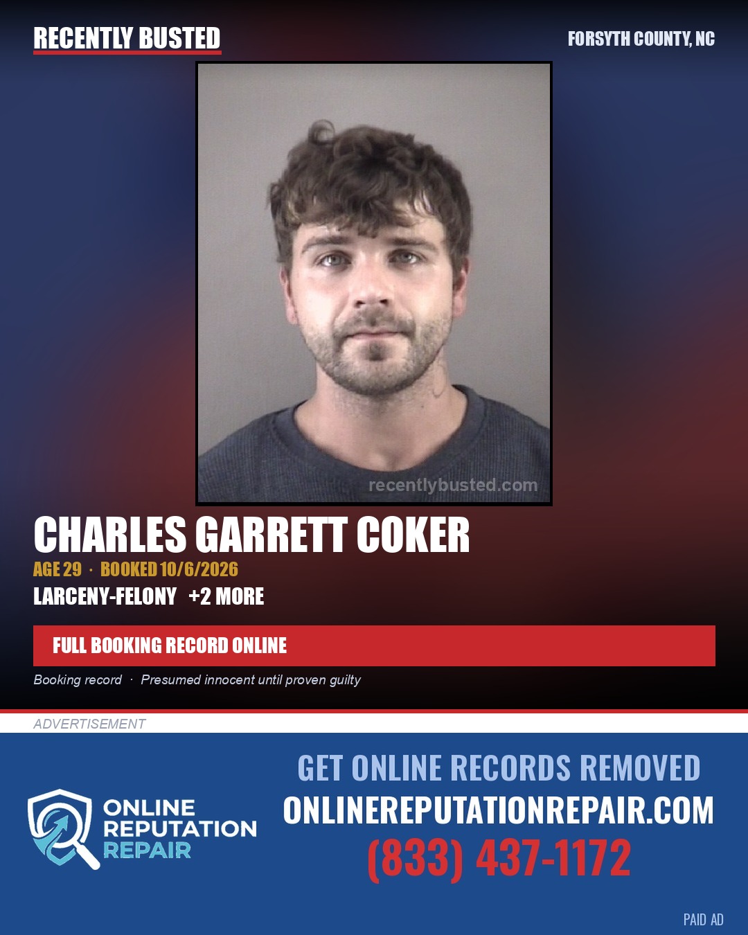 CHARLES GARRETT COKER — arrest record card, Forsyth County, North Carolina