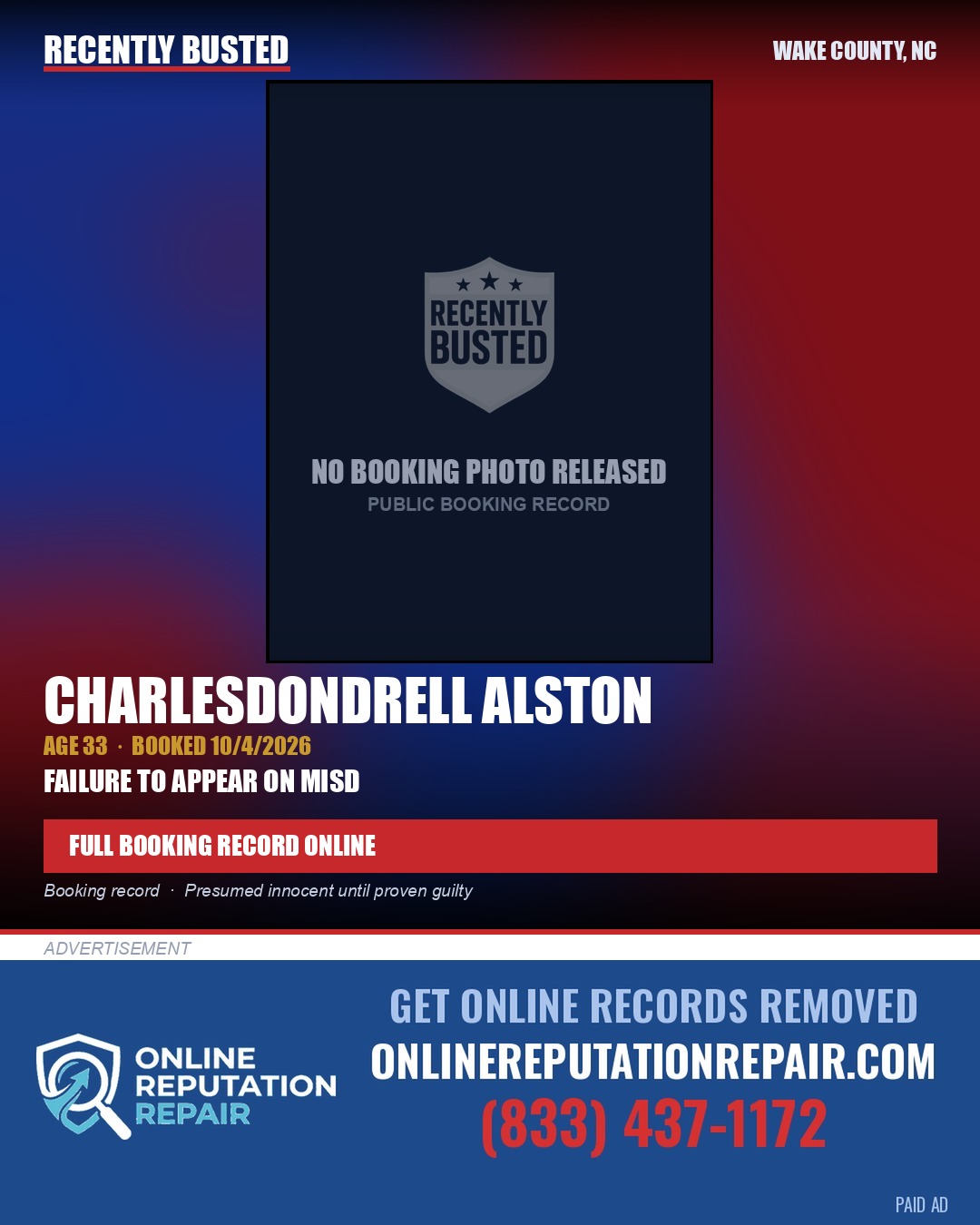 CHARLESDONDRELL ALSTON — arrest record card, Wake County, North Carolina