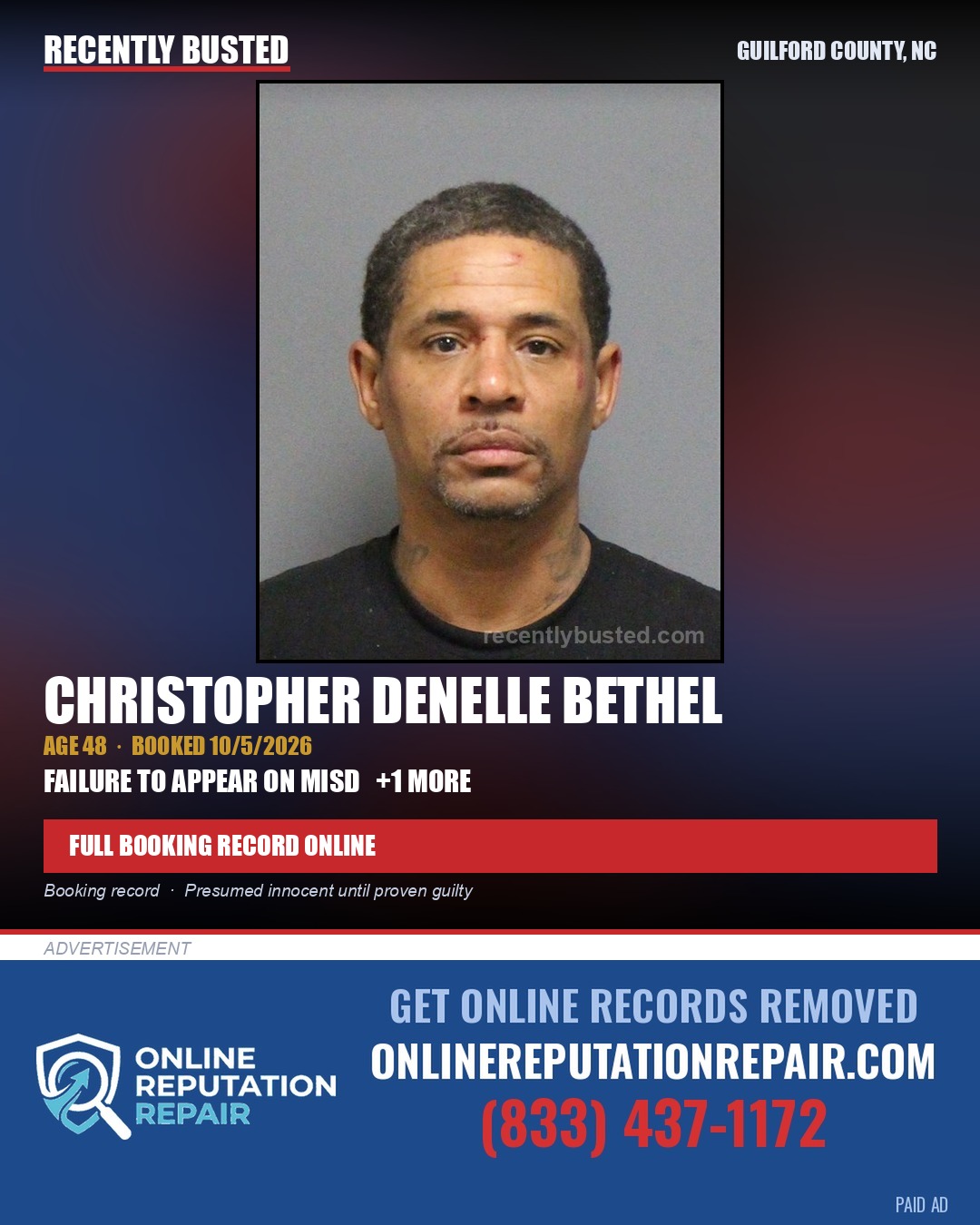 CHRISTOPHER DENELLE BETHEL — arrest record card, Guilford County, North Carolina