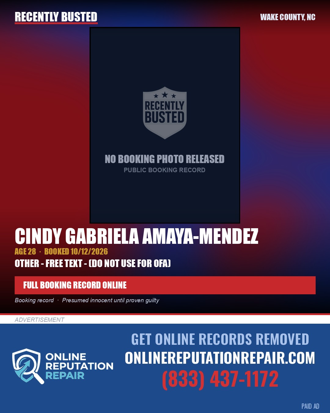 CINDY GABRIELA AMAYA-MENDEZ — arrest record card, Wake County, North Carolina