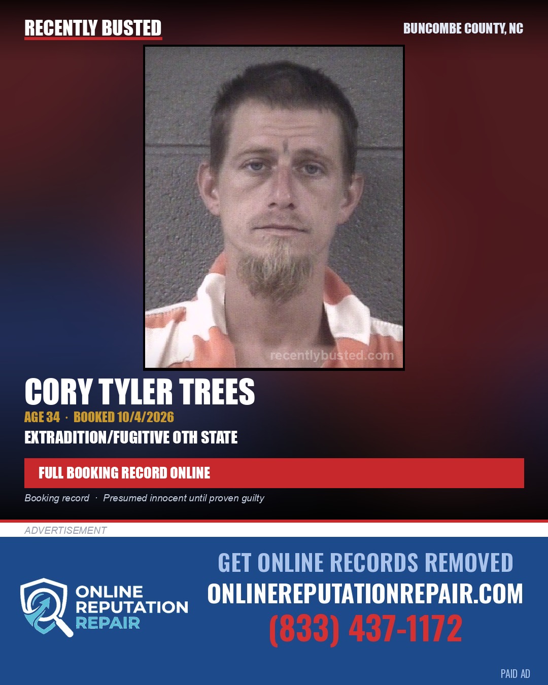 CORY TYLER TREES — arrest record card, Buncombe County, North Carolina
