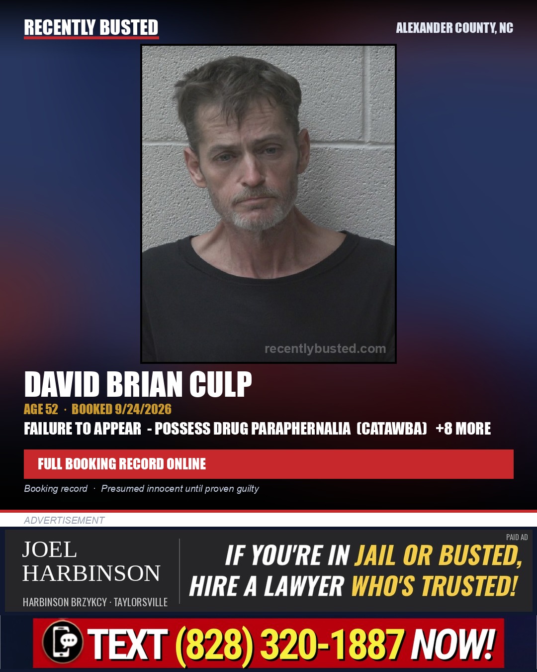 DAVID BRIAN CULP — arrest record card, Alexander County, North Carolina