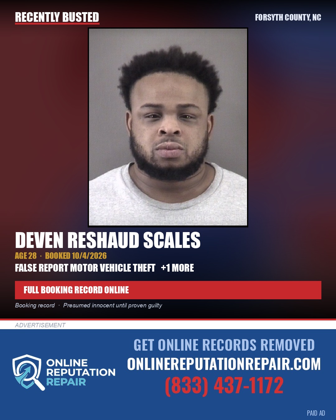 DEVEN RESHAUD SCALES — arrest record card, Forsyth County, North Carolina