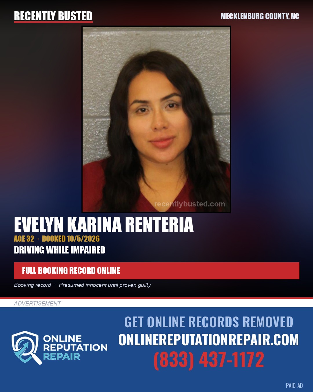 EVELYN KARINA RENTERIA — arrest record card, Mecklenburg County, North Carolina