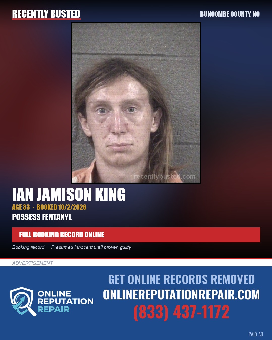 IAN JAMISON KING — arrest record card, Buncombe County, North Carolina