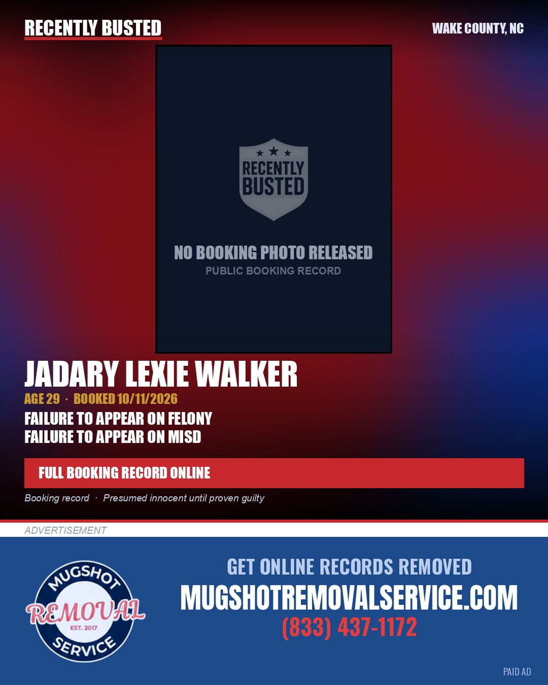 JADARY LEXIE WALKER — arrest record card, Wake County, North Carolina