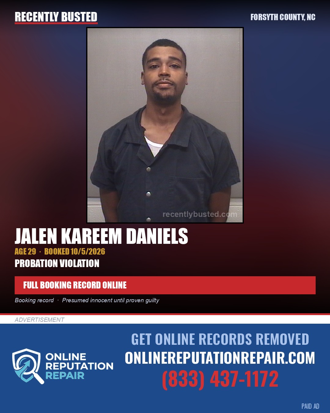 JALEN KAREEM DANIELS — arrest record card, Forsyth County, North Carolina