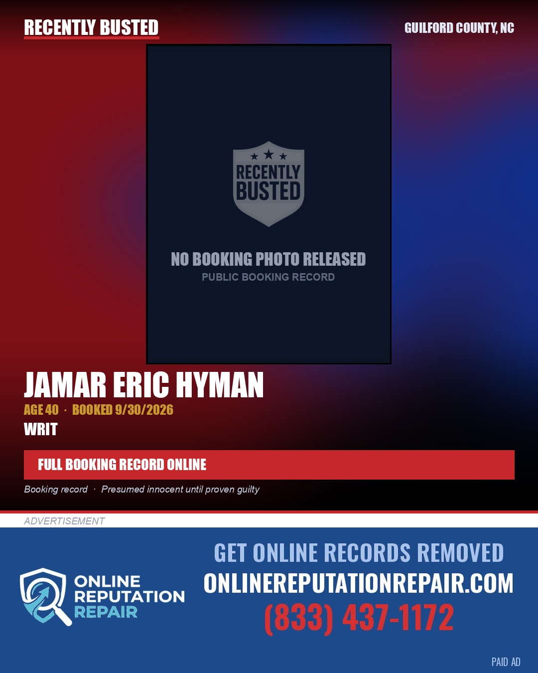 JAMAR ERIC HYMAN — arrest record card, Guilford County, North Carolina