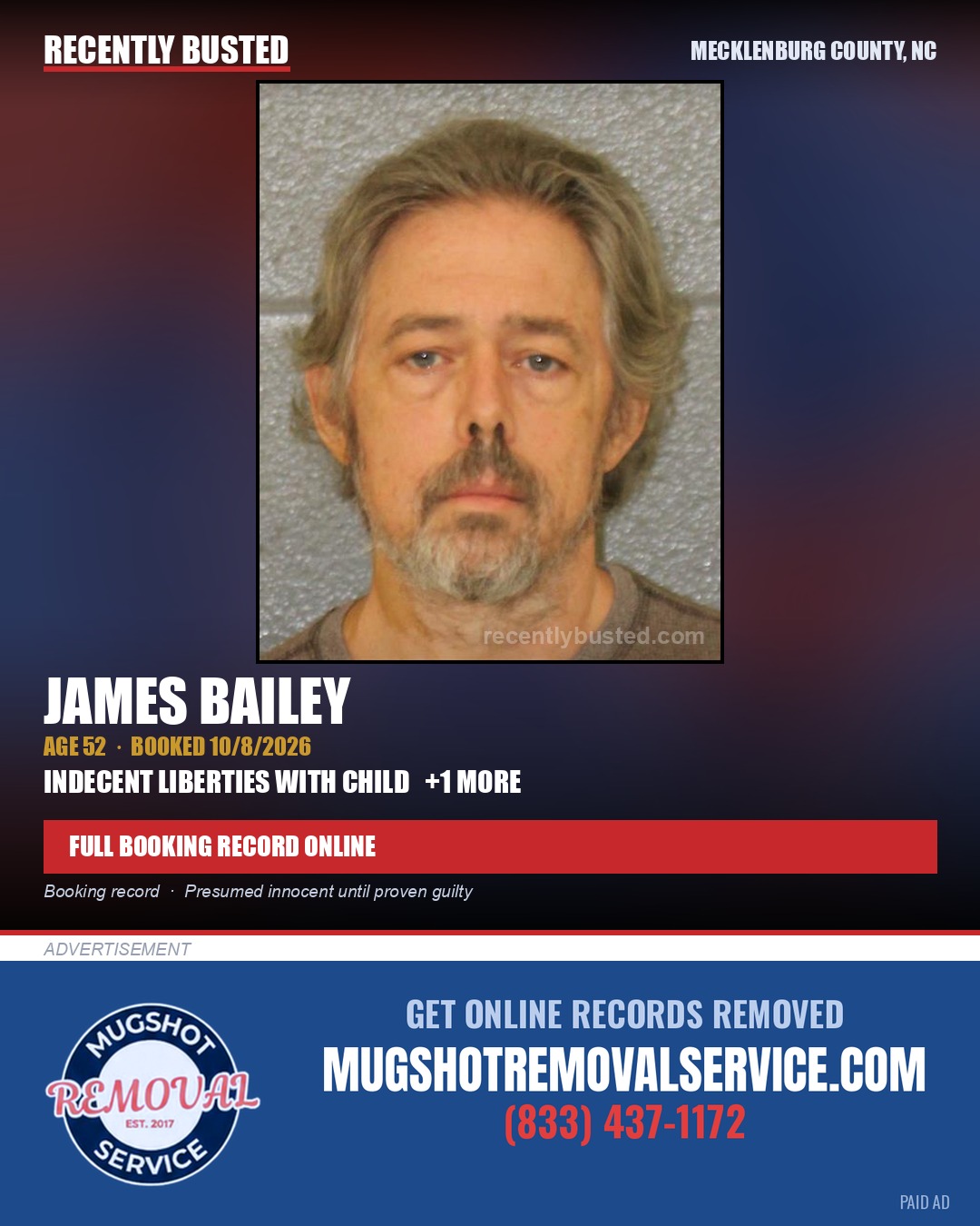 JAMES BAILEY — arrest record card, Mecklenburg County, North Carolina