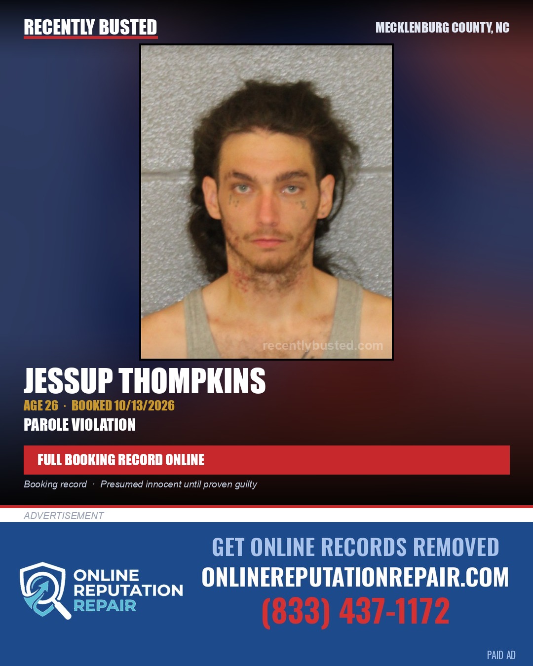JESSUP THOMPKINS — arrest record card, Mecklenburg County, North Carolina