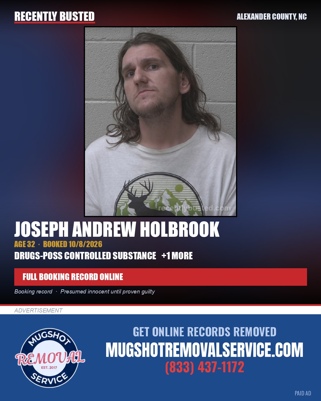 JOSEPH ANDREW HOLBROOK — arrest record card, Alexander County, North Carolina