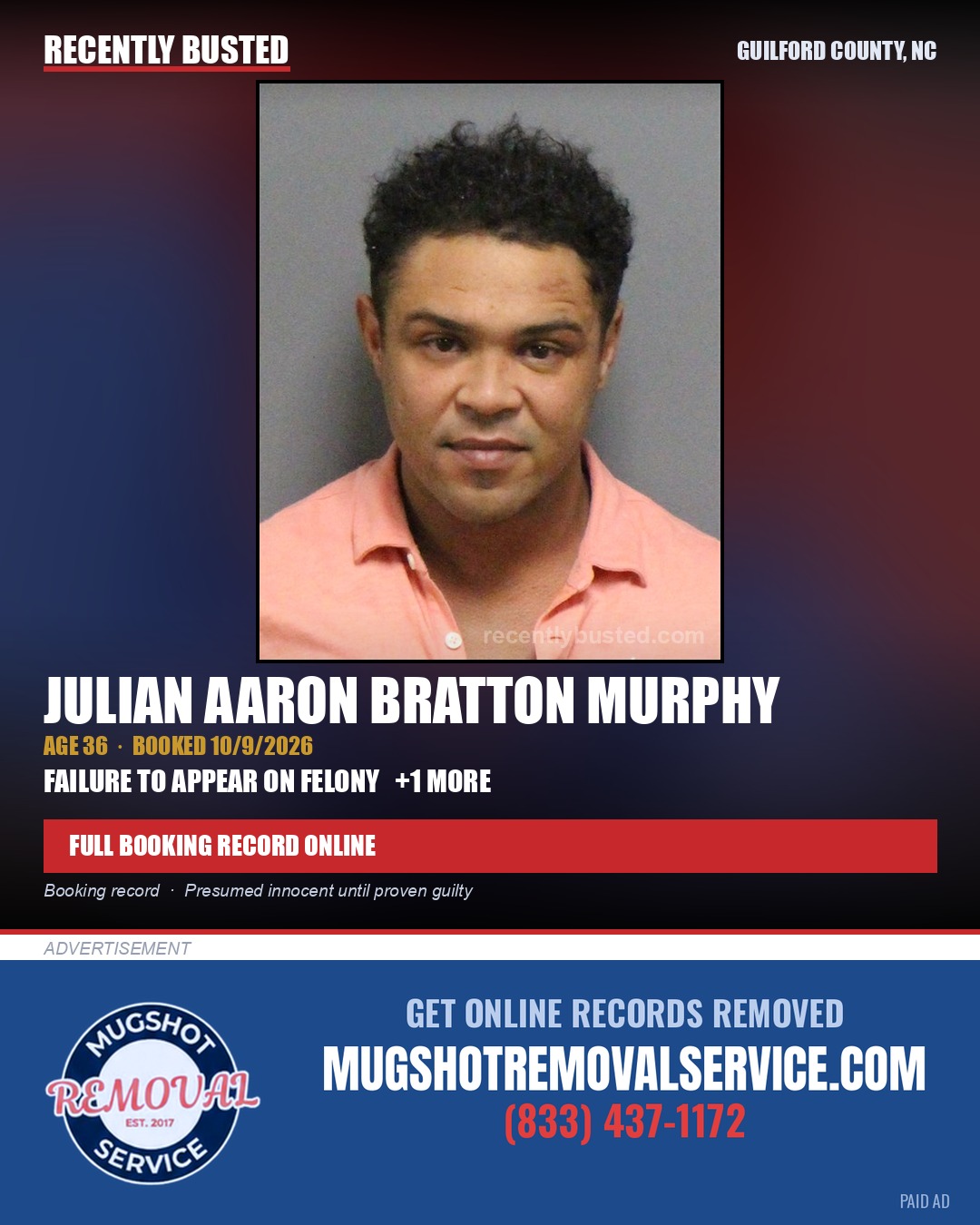 JULIAN AARON BRATTON MURPHY — arrest record card, Guilford County, North Carolina