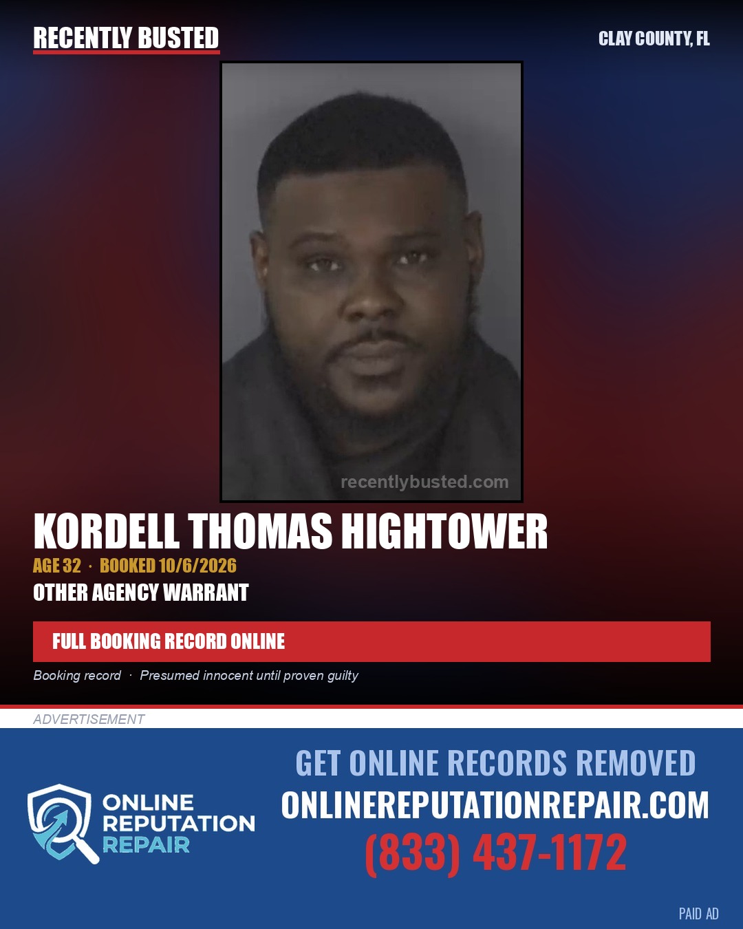 KORDELL THOMAS HIGHTOWER — arrest record card, Clay County, Florida