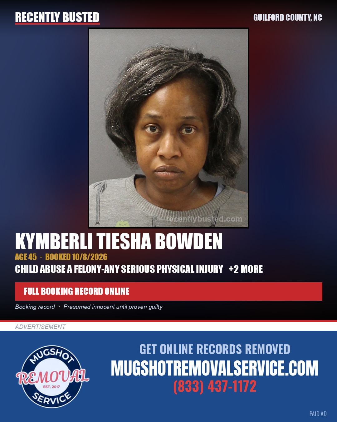 KYMBERLI TIESHA BOWDEN — arrest record card, Guilford County, North Carolina