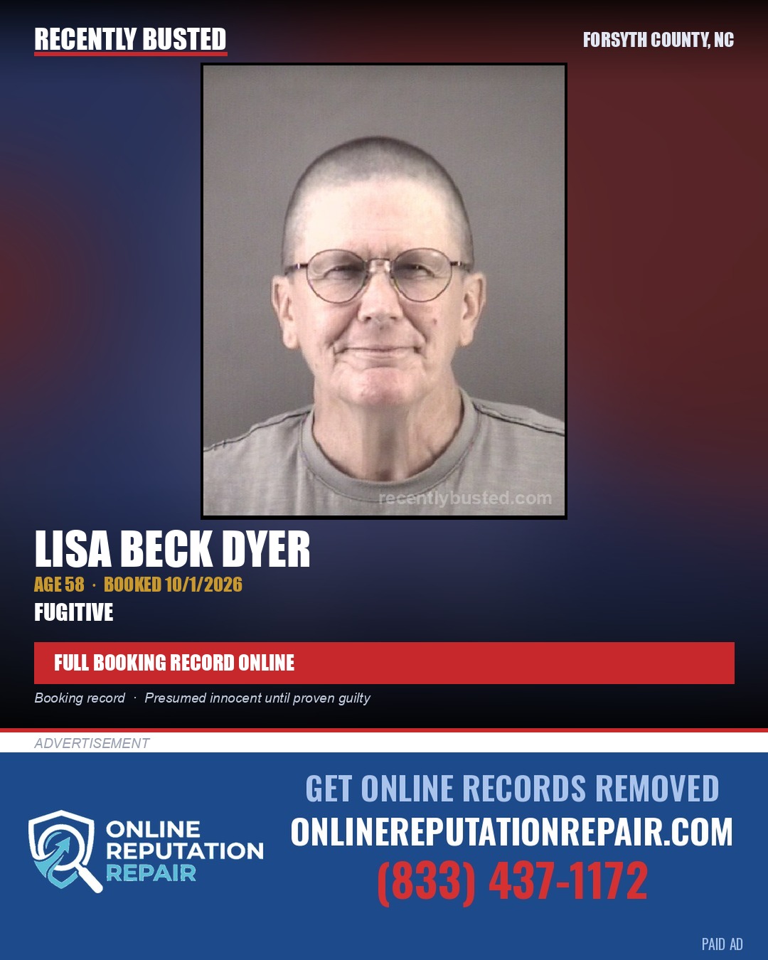 LISA BECK DYER — arrest record card, Forsyth County, North Carolina