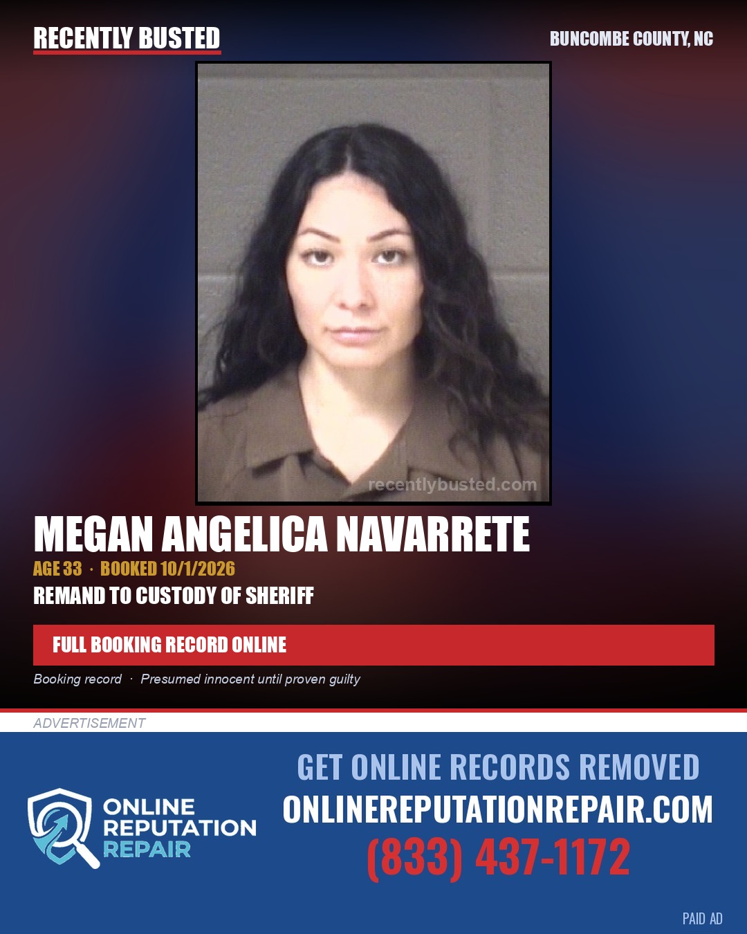 MEGAN ANGELICA NAVARRETE — arrest record card, Buncombe County, North Carolina