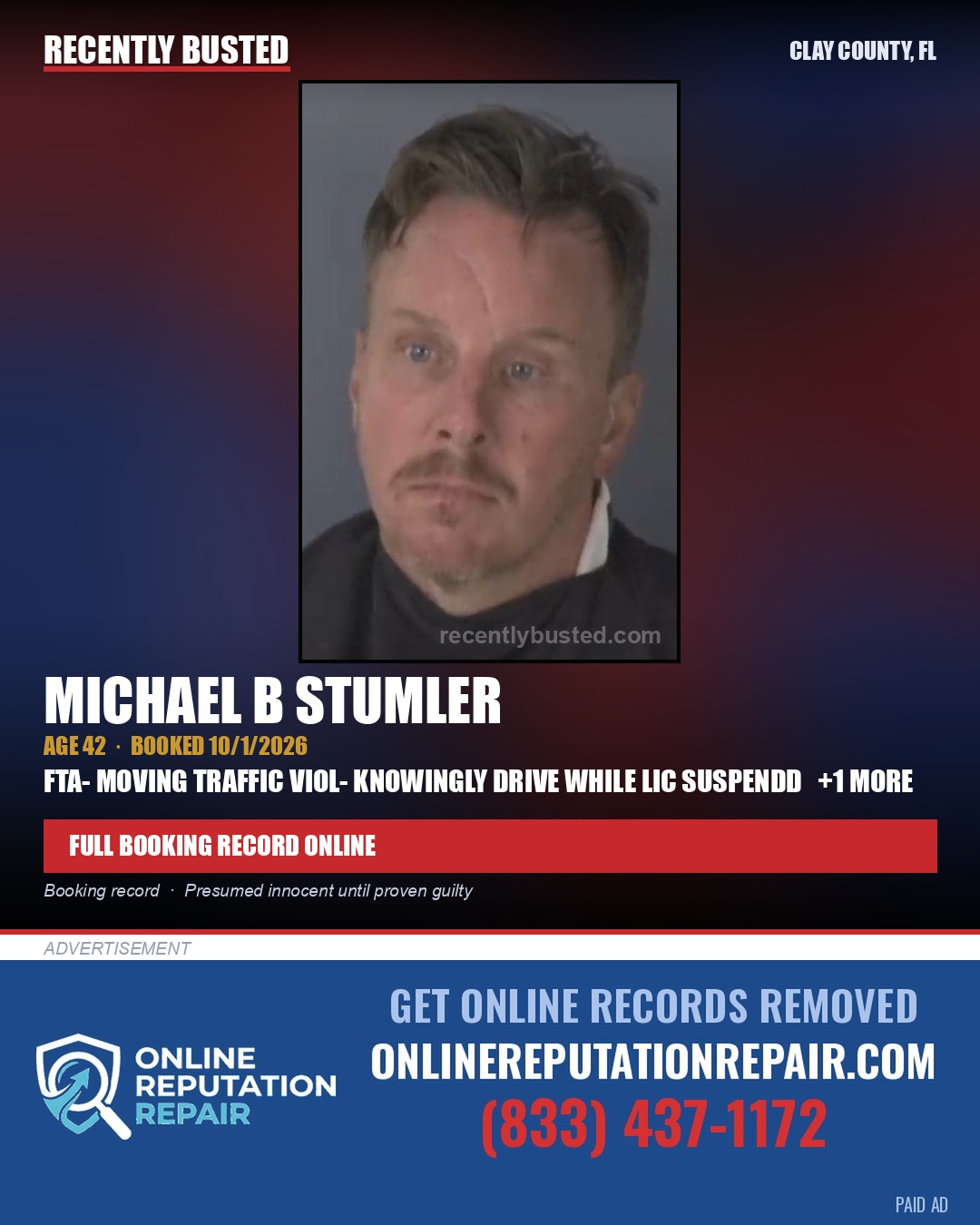 MICHAEL B STUMLER — arrest record card, Clay County, Florida