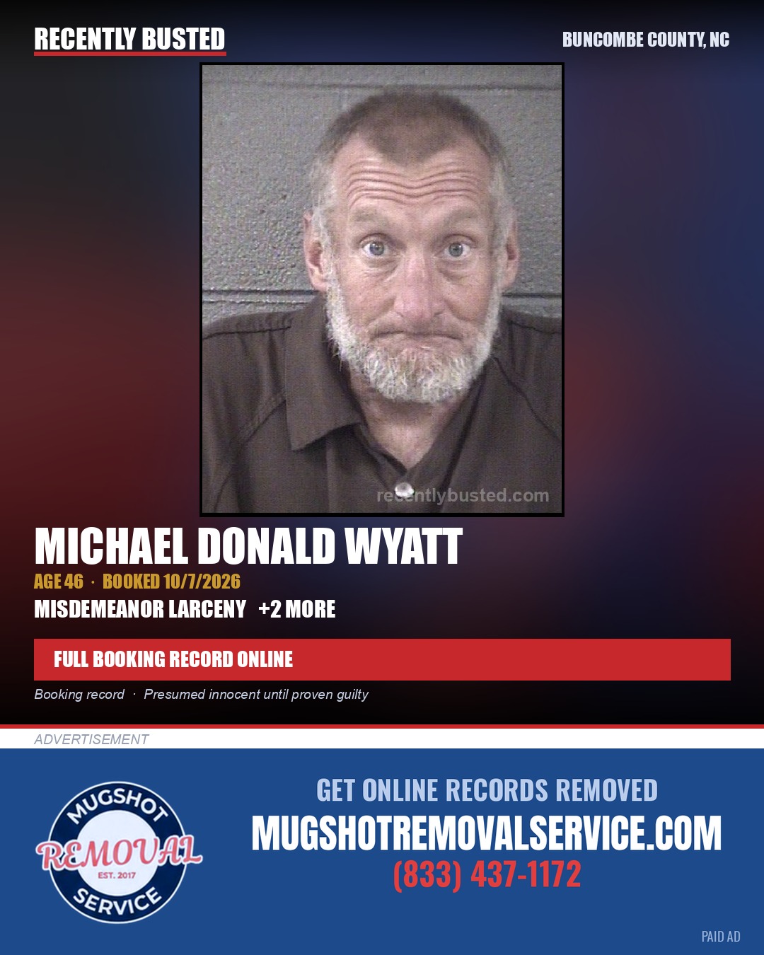 MICHAEL DONALD WYATT — arrest record card, Buncombe County, North Carolina