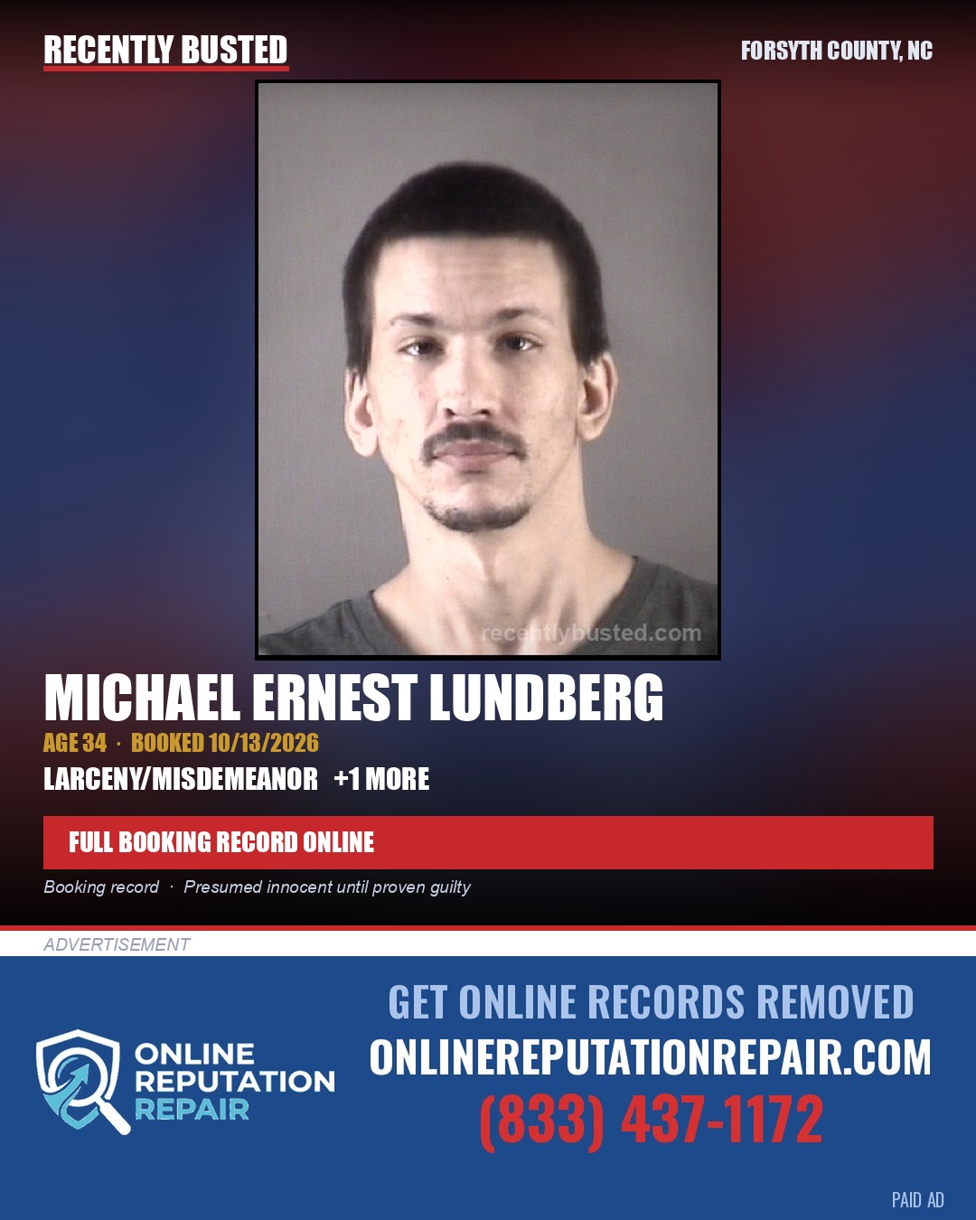 MICHAEL ERNEST LUNDBERG — arrest record card, Forsyth County, North Carolina
