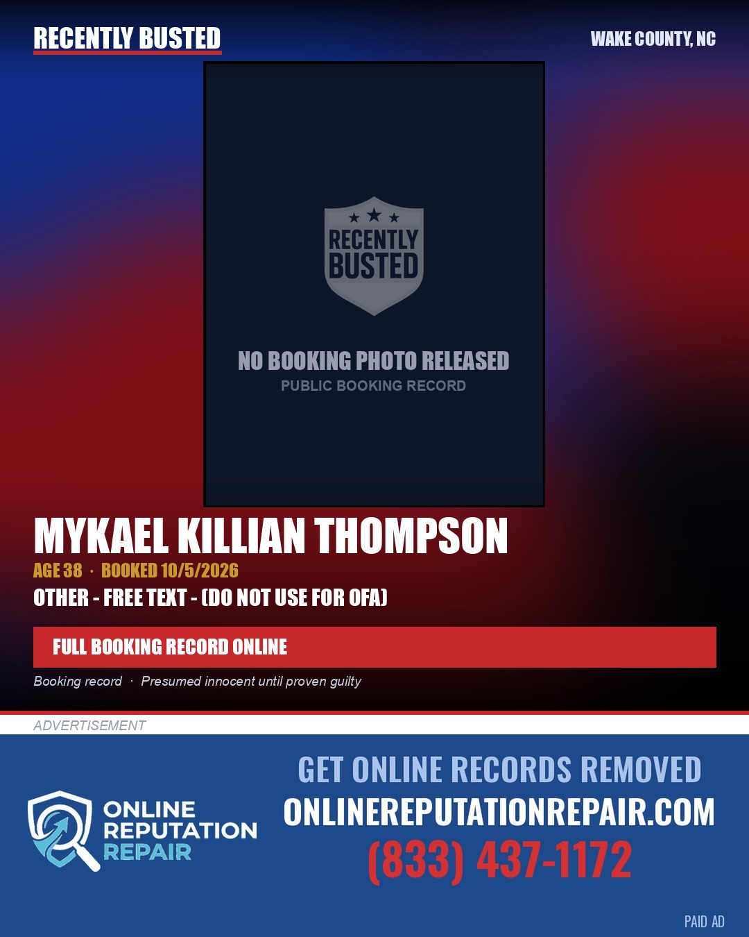 MYKAEL KILLIAN THOMPSON — arrest record card, Wake County, North Carolina