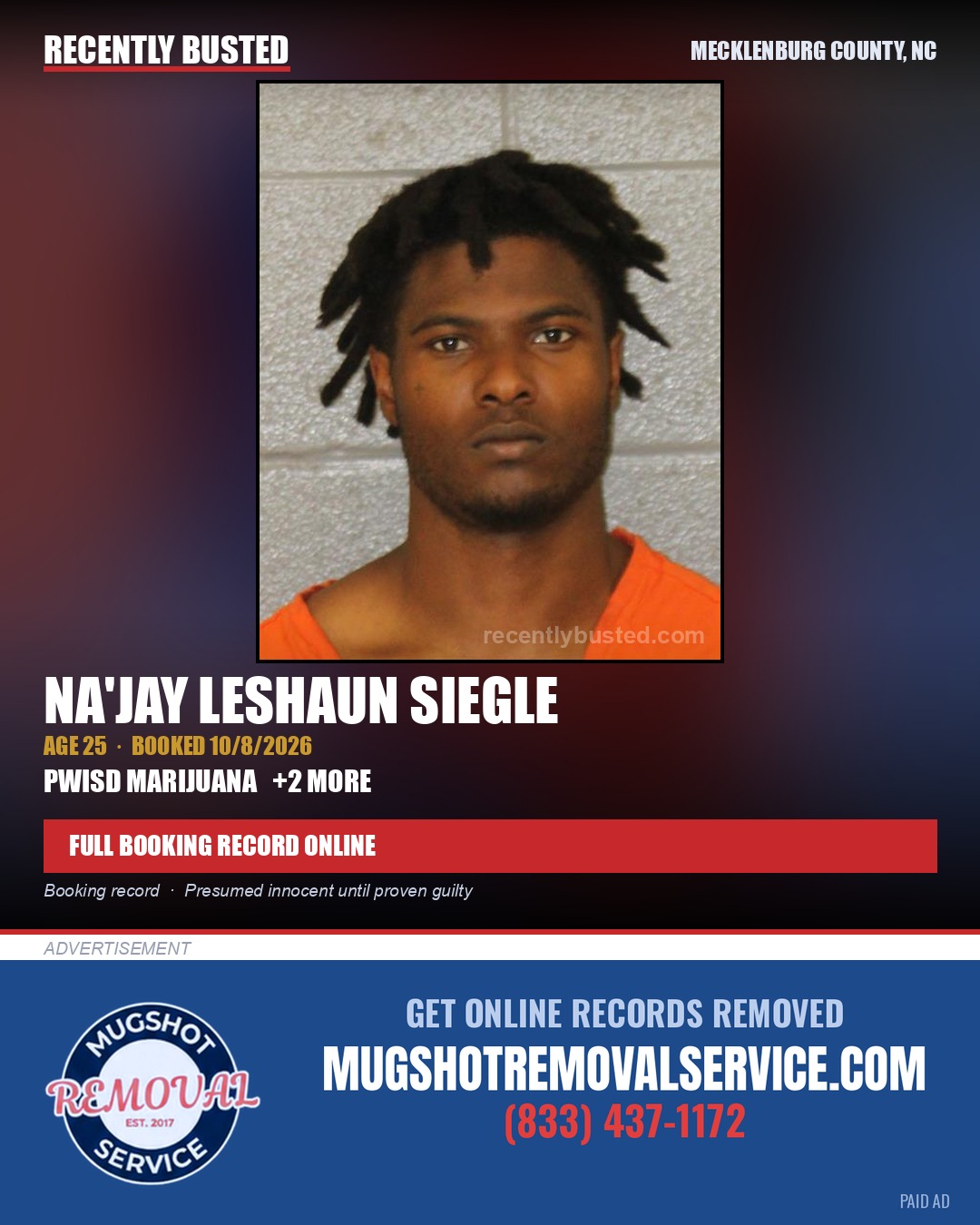 NA'JAY LESHAUN SIEGLE — arrest record card, Mecklenburg County, North Carolina