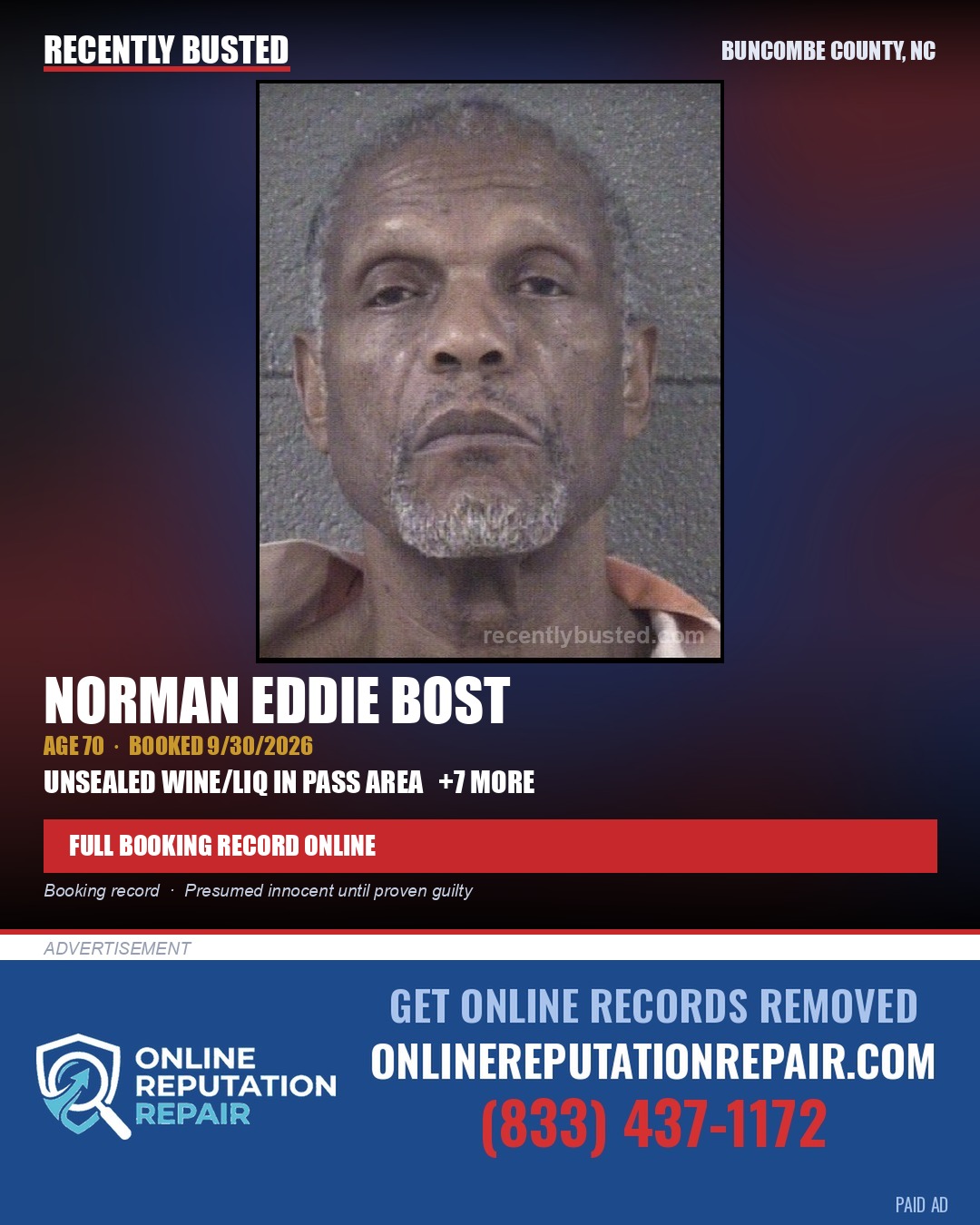 NORMAN EDDIE BOST — arrest record card, Buncombe County, North Carolina