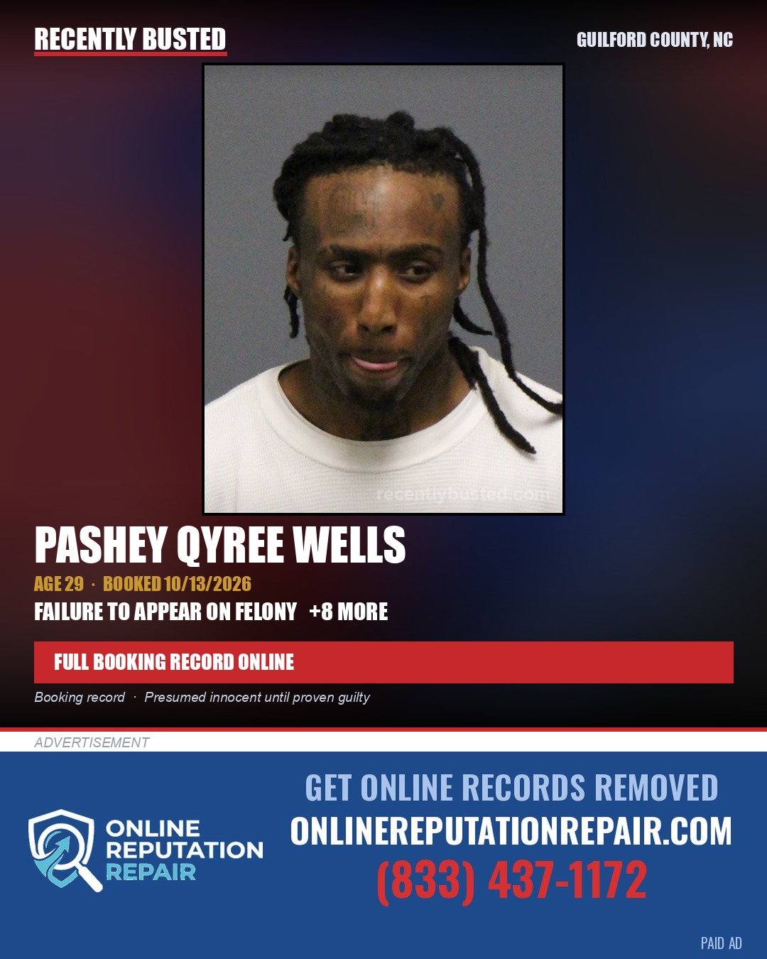 PASHEY QYREE WELLS — arrest record card, Guilford County, North Carolina