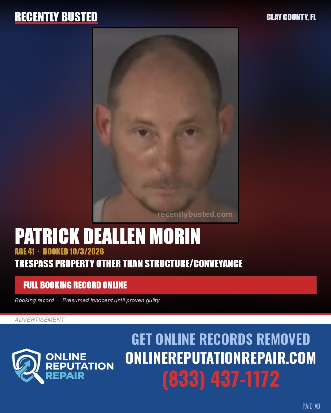 PATRICK DEALLEN MORIN — arrest record card, Clay County, Florida