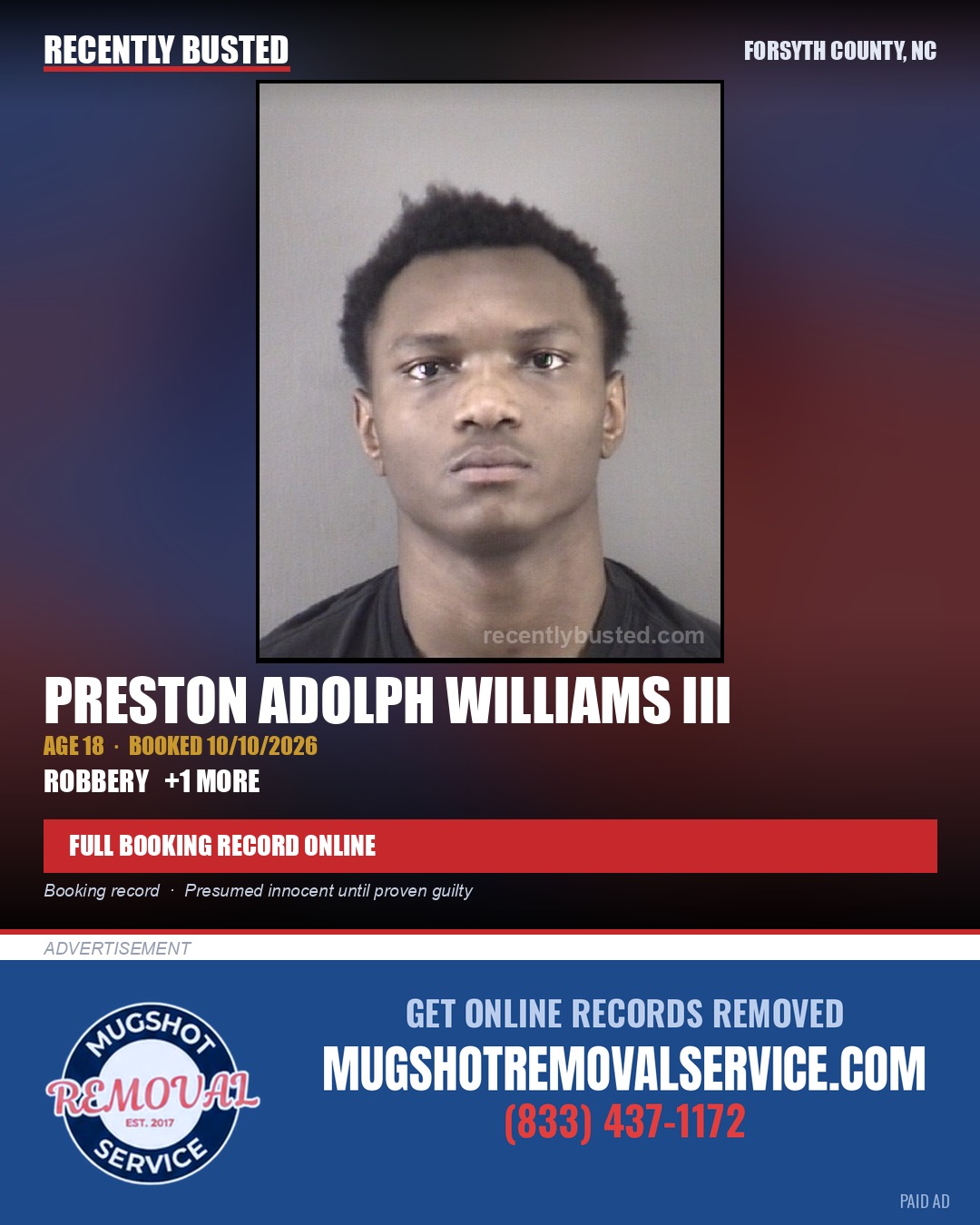 PRESTON ADOLPH WILLIAMS III — arrest record card, Forsyth County, North Carolina