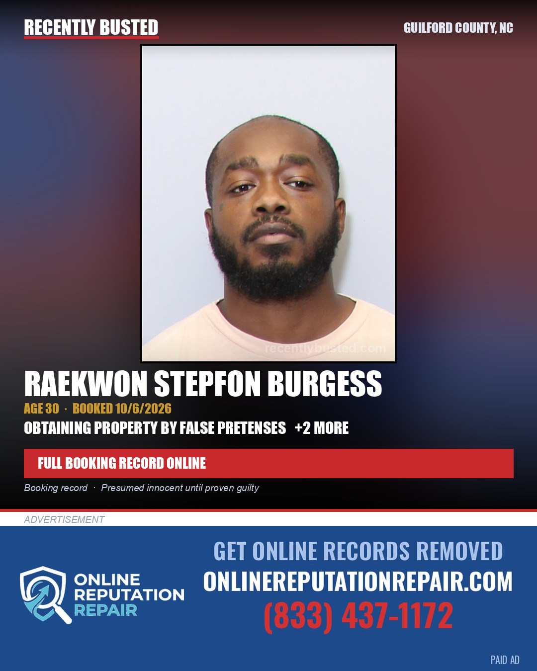 RAEKWON STEPFON BURGESS — arrest record card, Guilford County, North Carolina