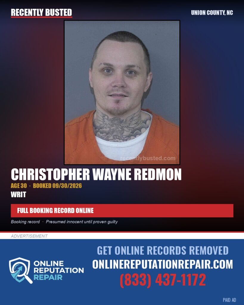 REDMON, CHRISTOPHER WAYNE — arrest record card, Union County, North Carolina
