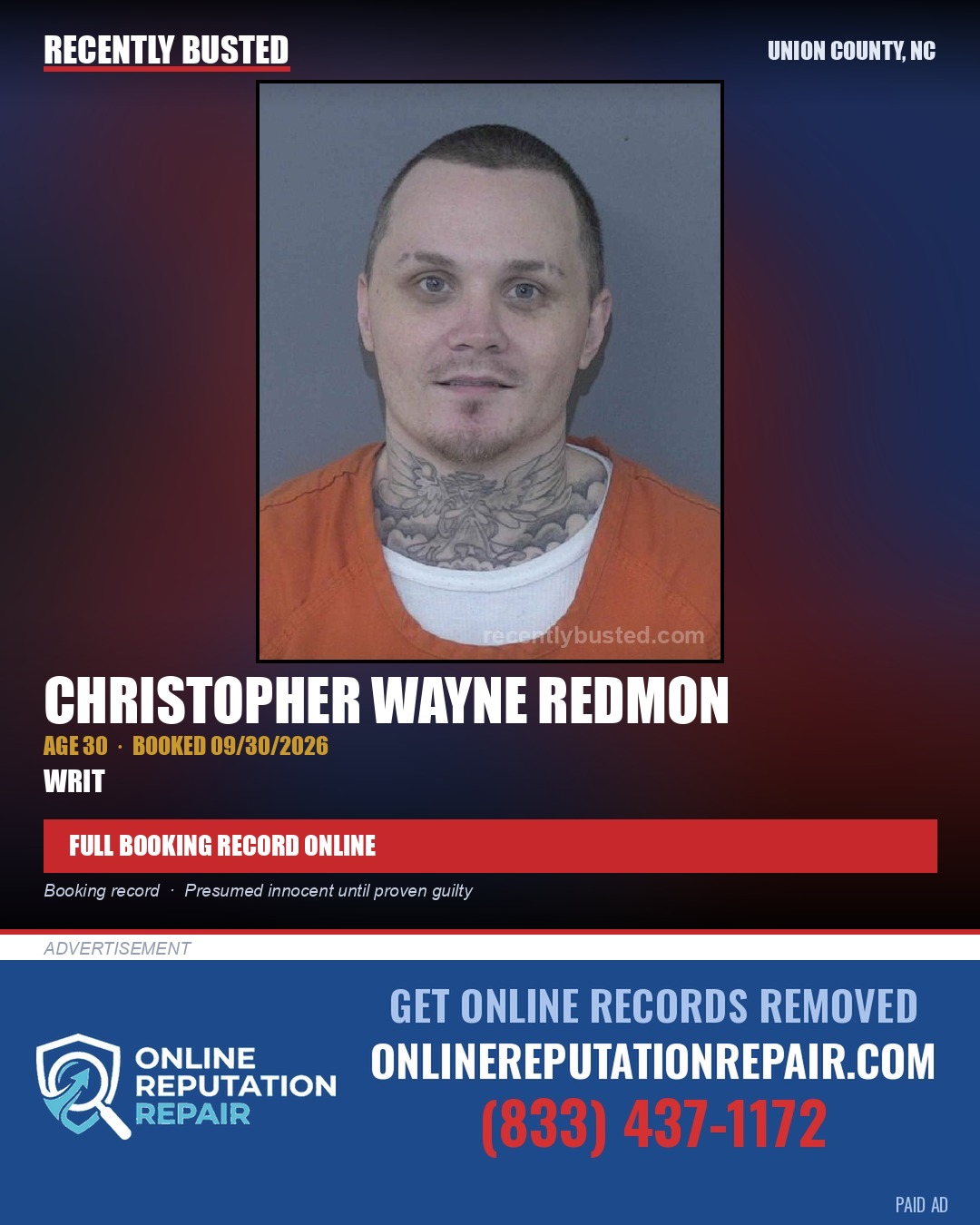 REDMON, CHRISTOPHER WAYNE — arrest record card, Union County, North Carolina