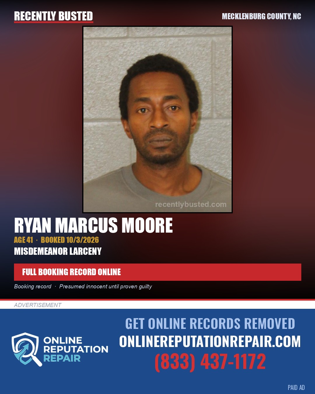 RYAN MARCUS MOORE — arrest record card, Mecklenburg County, North Carolina