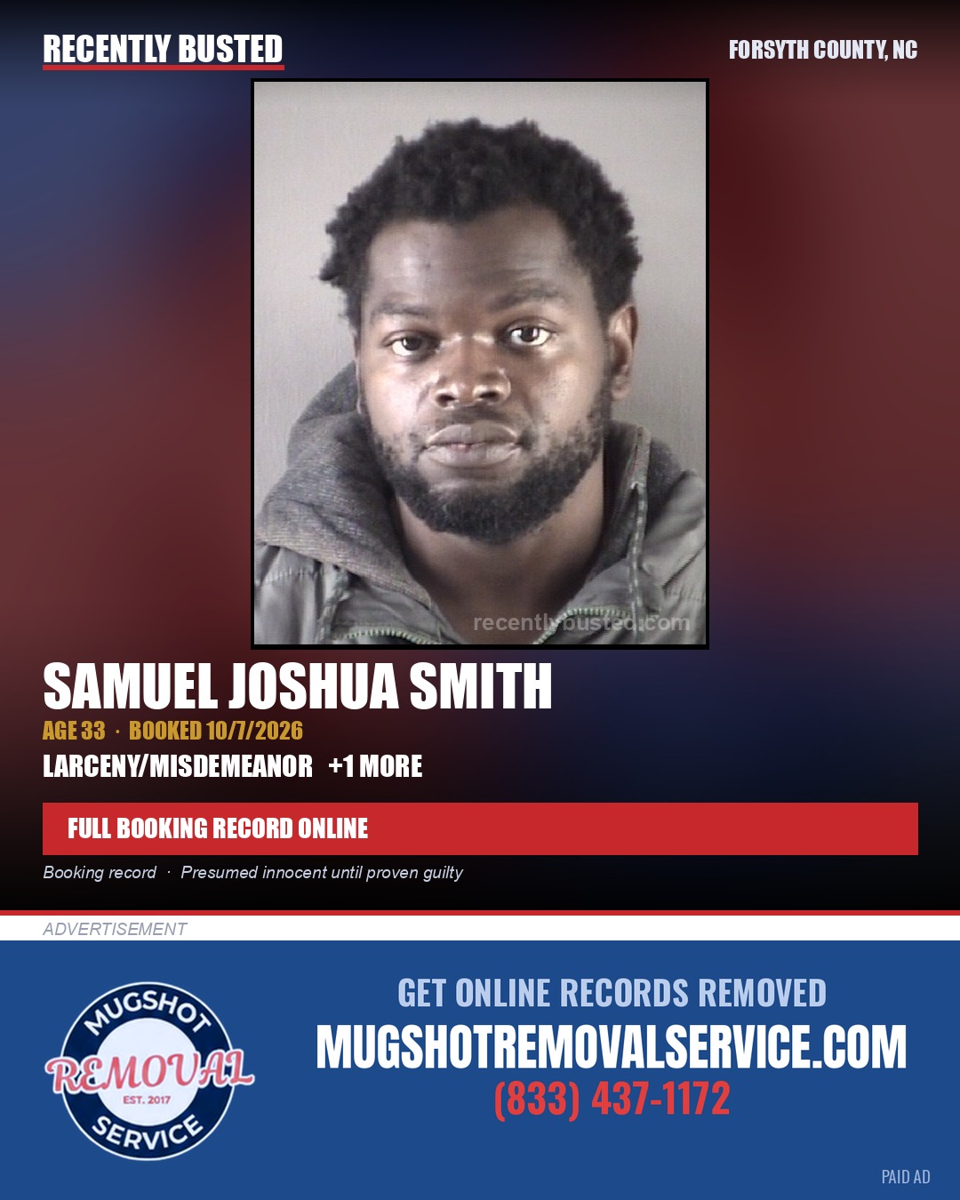 SAMUEL JOSHUA SMITH — arrest record card, Forsyth County, North Carolina