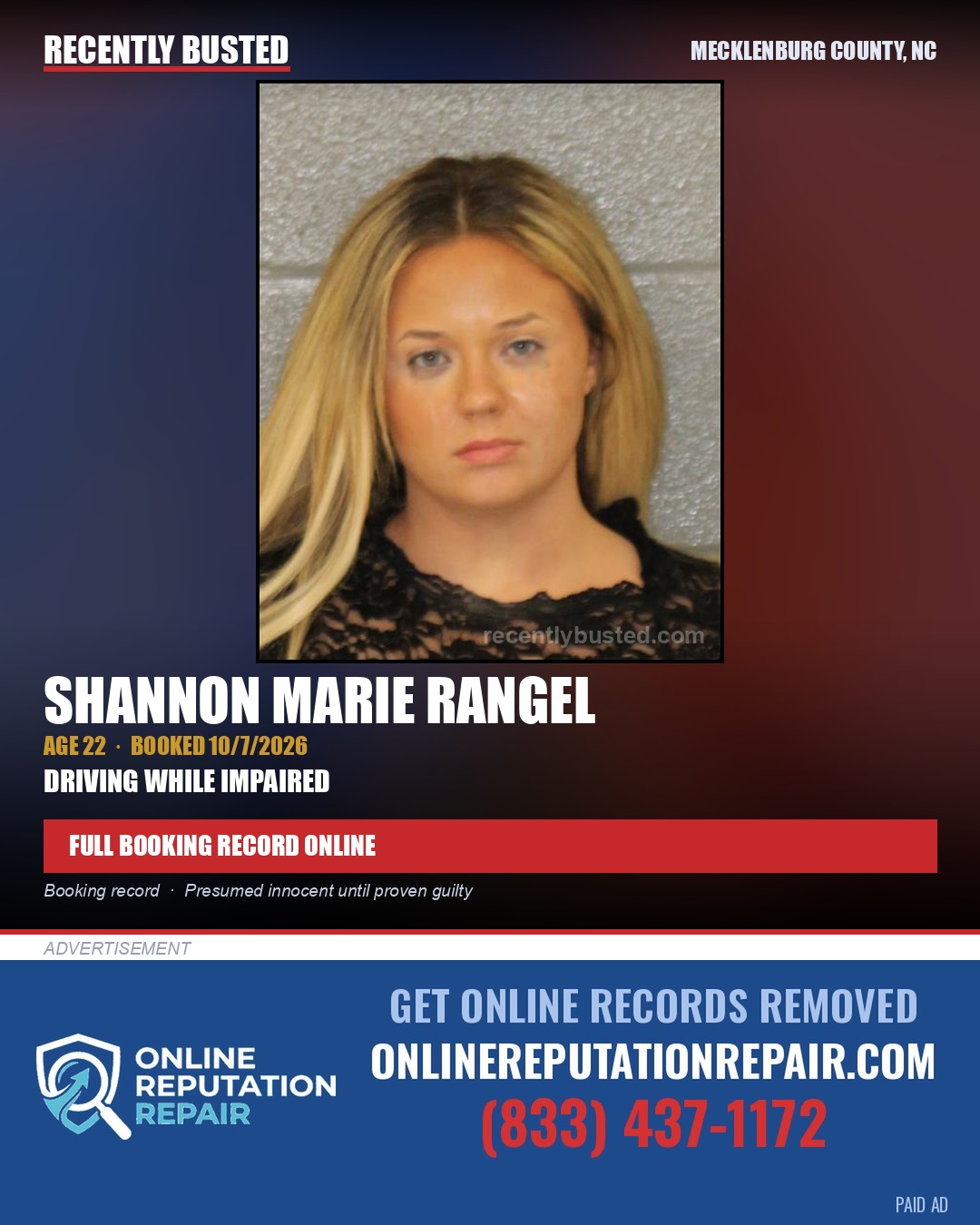 SHANNON MARIE RANGEL — arrest record card, Mecklenburg County, North Carolina