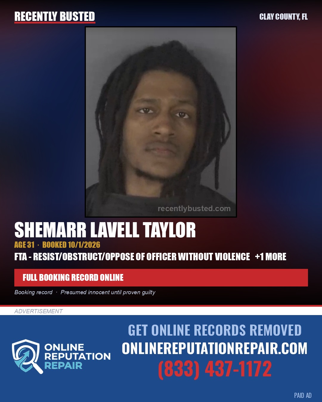 SHEMARR LAVELL TAYLOR — arrest record card, Clay County, Florida