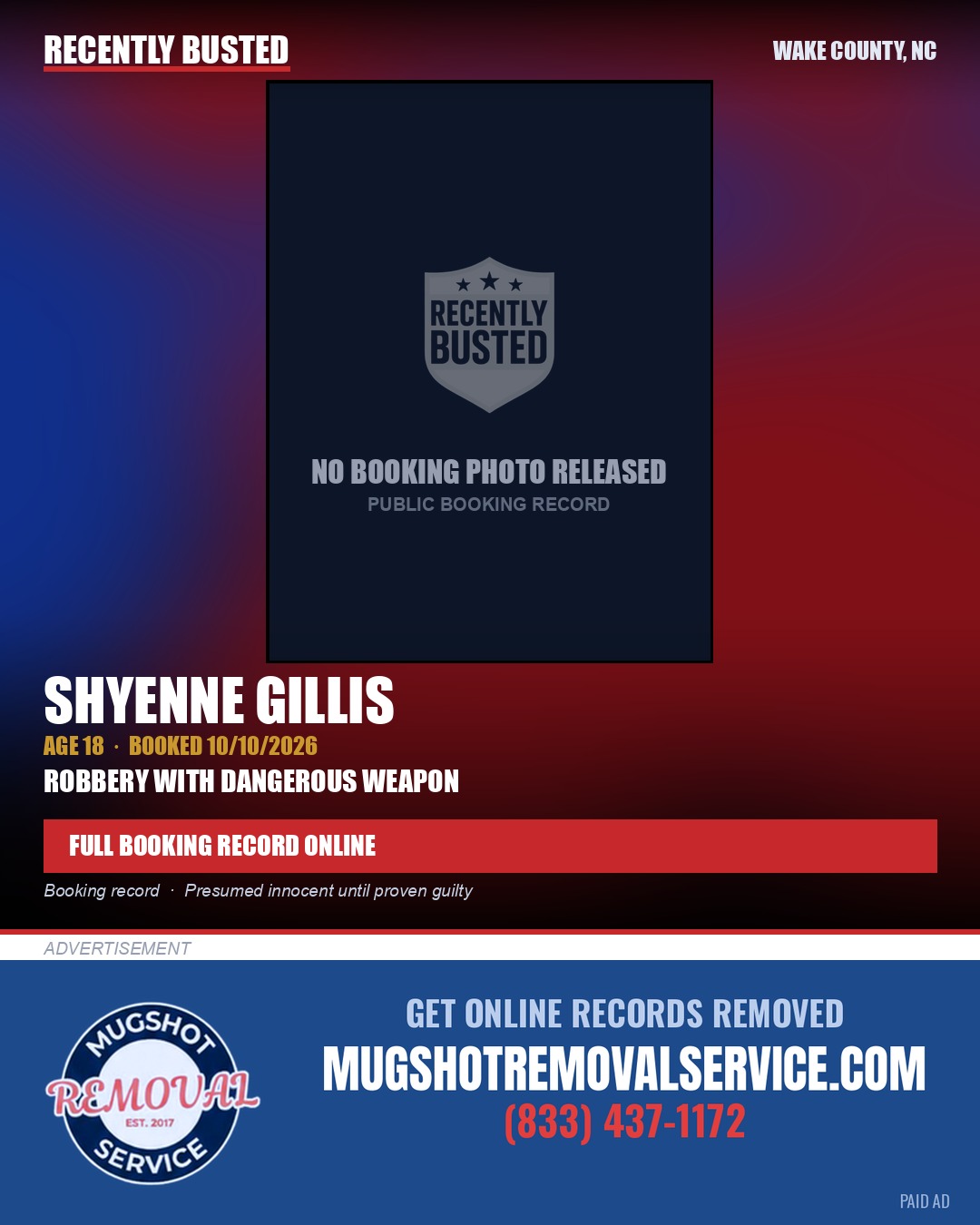 SHYENNE GILLIS — arrest record card, Wake County, North Carolina