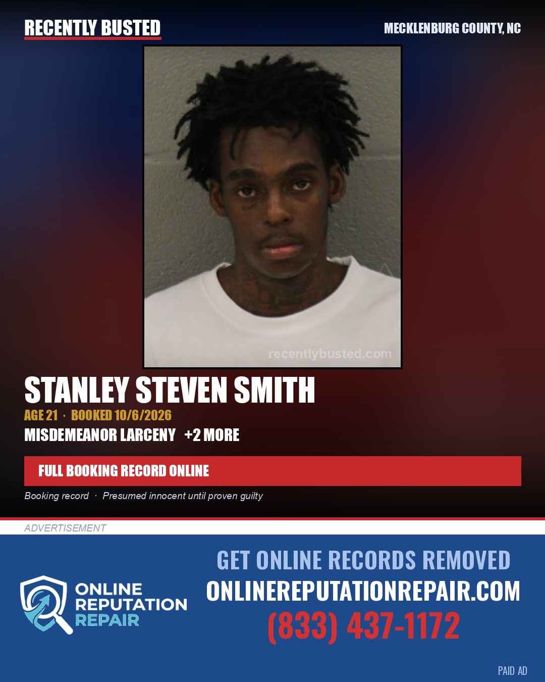 STANLEY STEVEN SMITH — arrest record card, Mecklenburg County, North Carolina