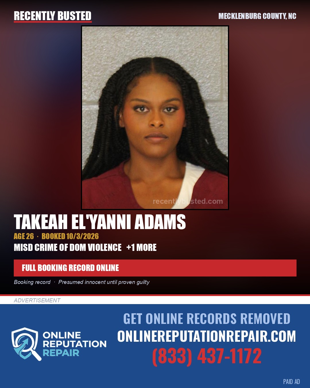 TAKEAH EL'YANNI ADAMS — arrest record card, Mecklenburg County, North Carolina