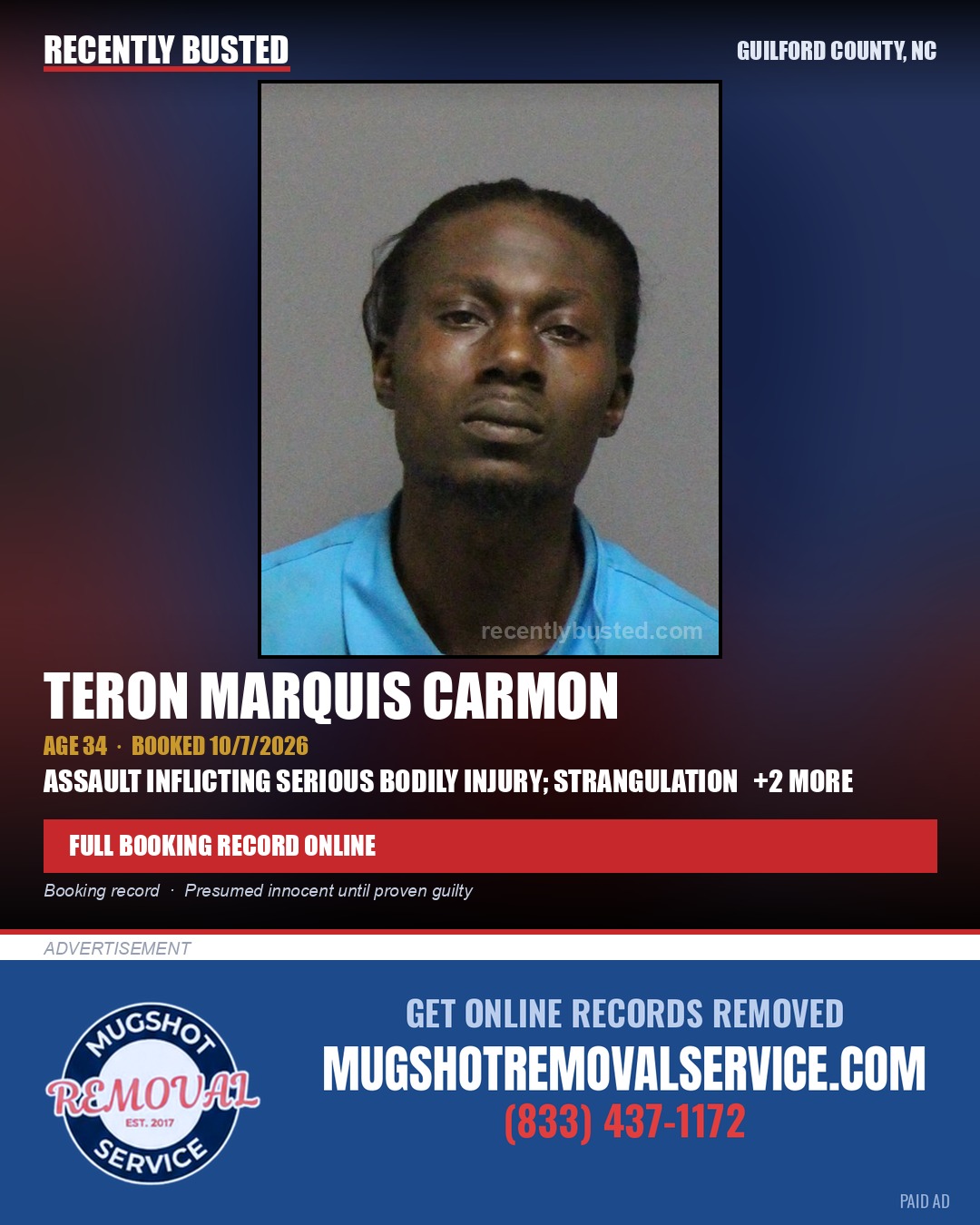 TERON MARQUIS CARMON — arrest record card, Guilford County, North Carolina