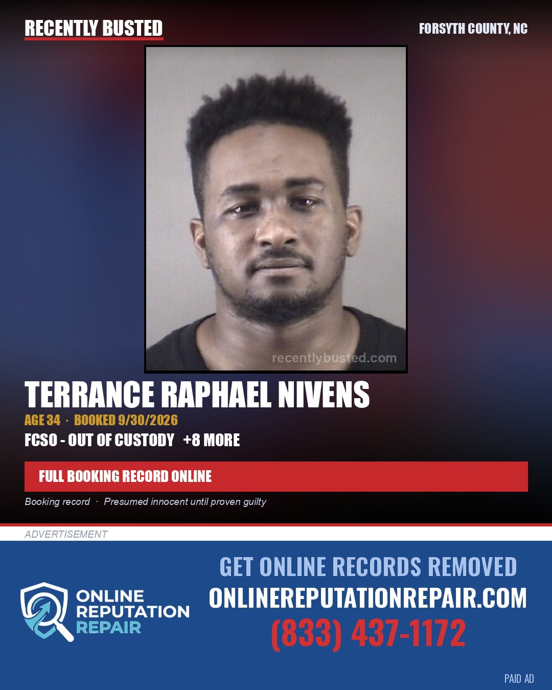 TERRANCE RAPHAEL NIVENS — arrest record card, Forsyth County, North Carolina