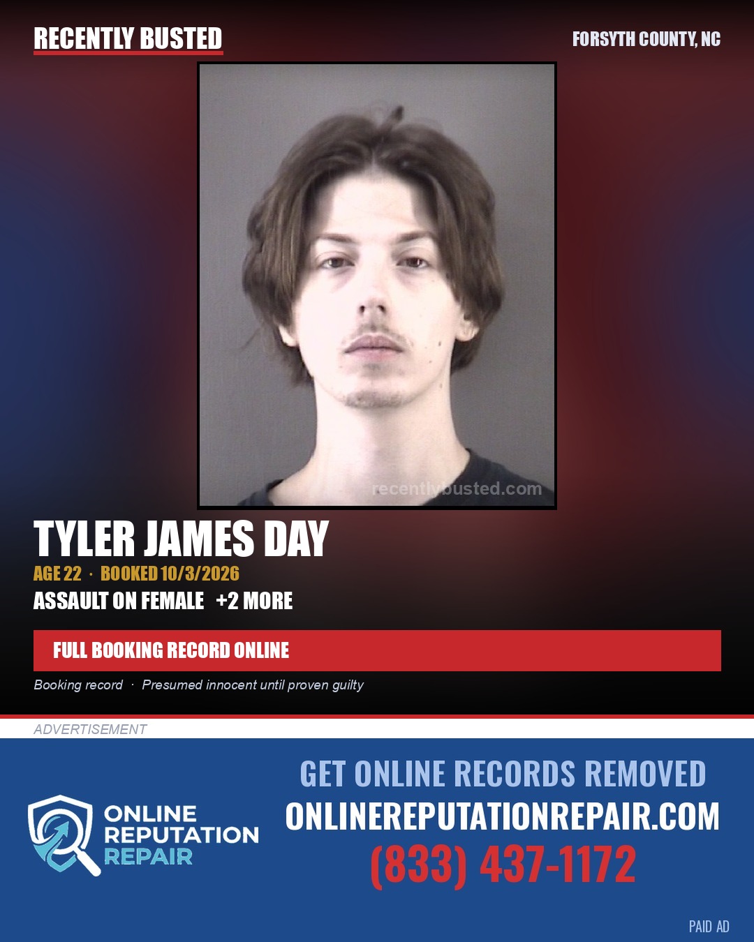 TYLER JAMES DAY — arrest record card, Forsyth County, North Carolina