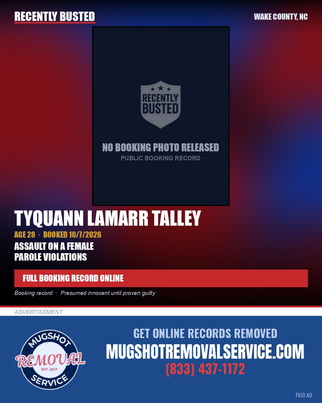 TYQUANN LAMARR TALLEY — arrest record card, Wake County, North Carolina