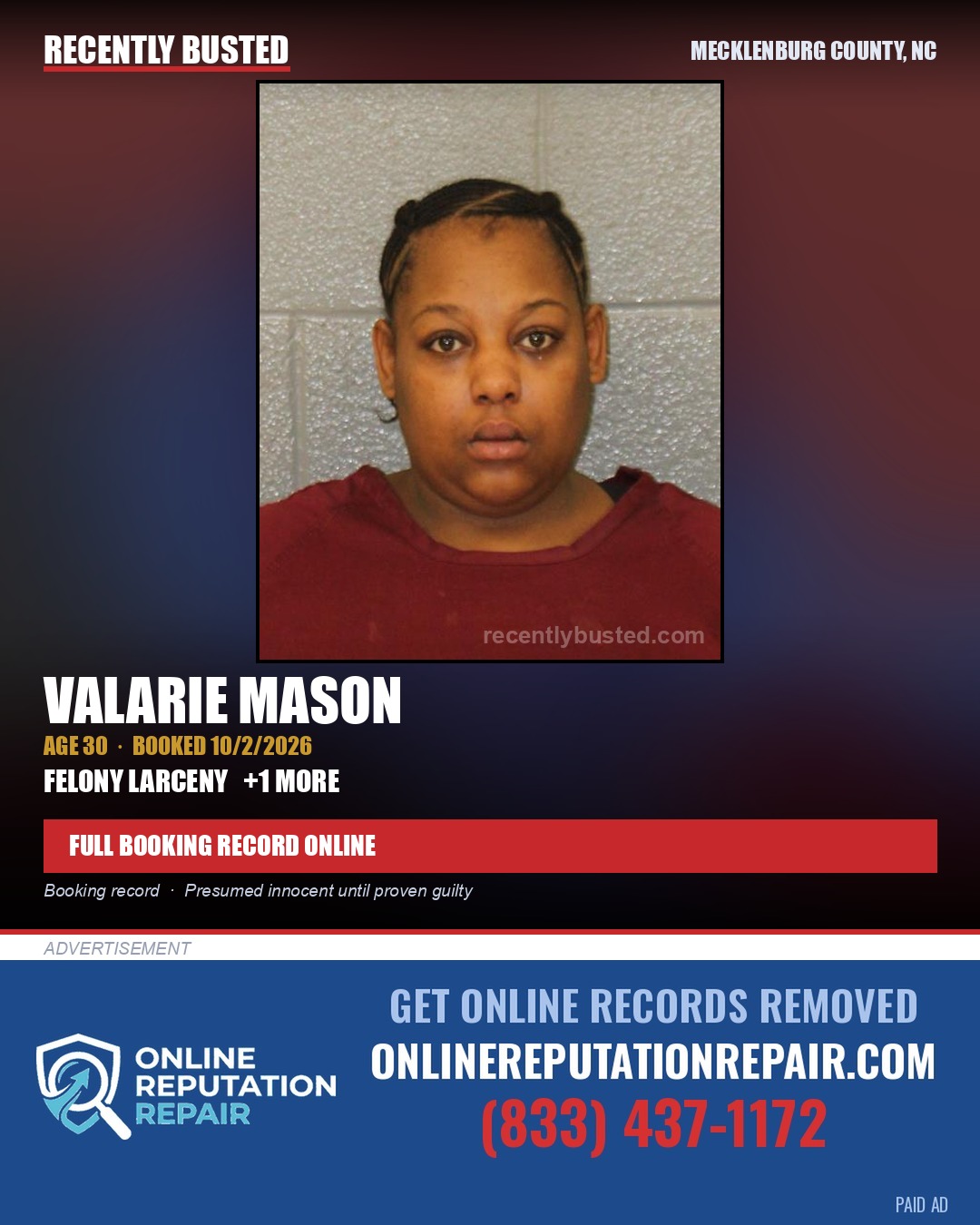 VALARIE MASON — arrest record card, Mecklenburg County, North Carolina