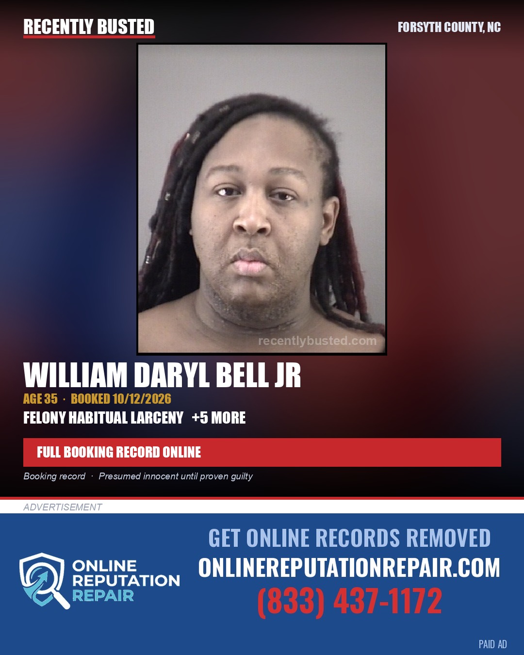 WILLIAM DARYL BELL JR — arrest record card, Forsyth County, North Carolina