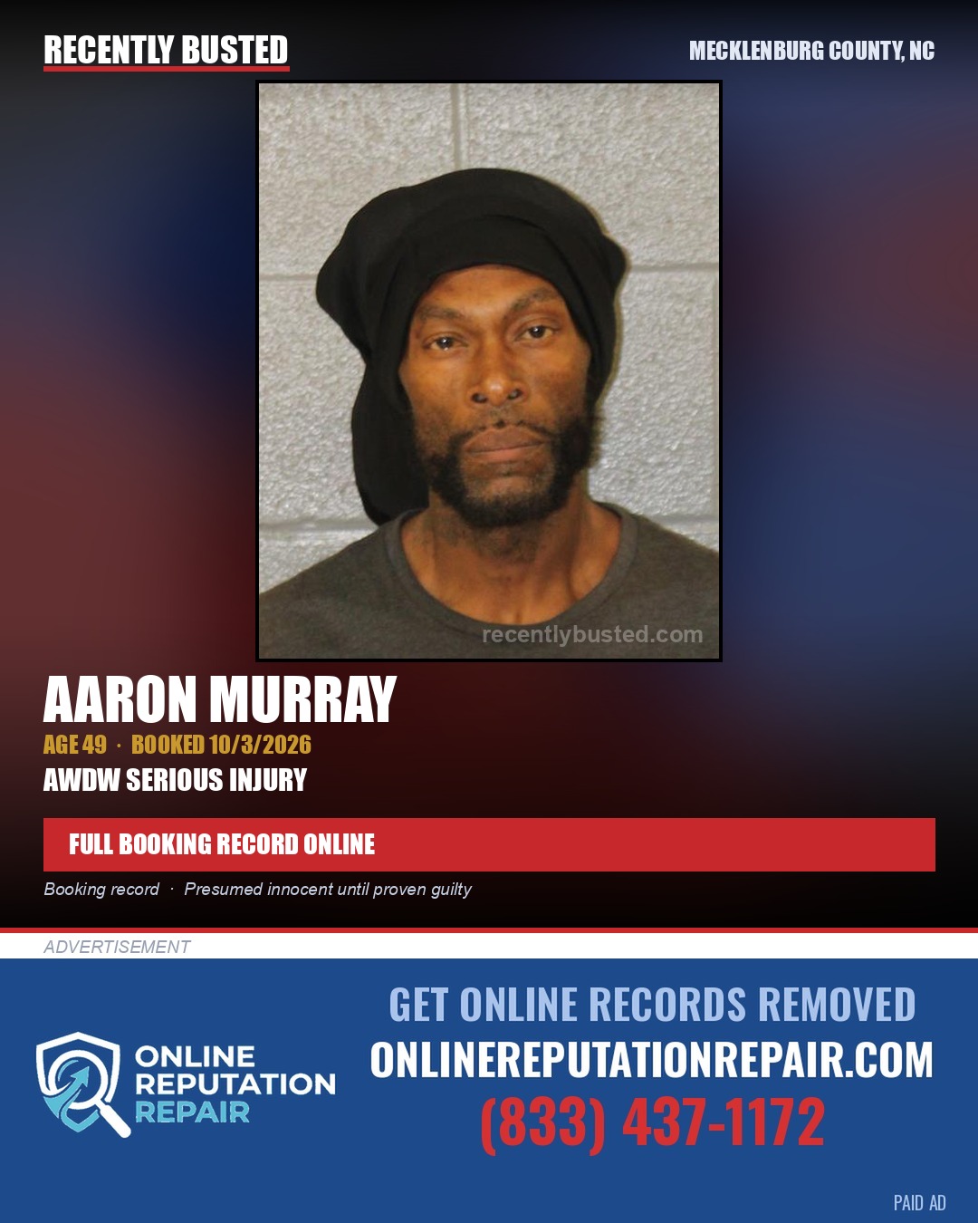 AARON MURRAY — arrest record card, Mecklenburg County, North Carolina