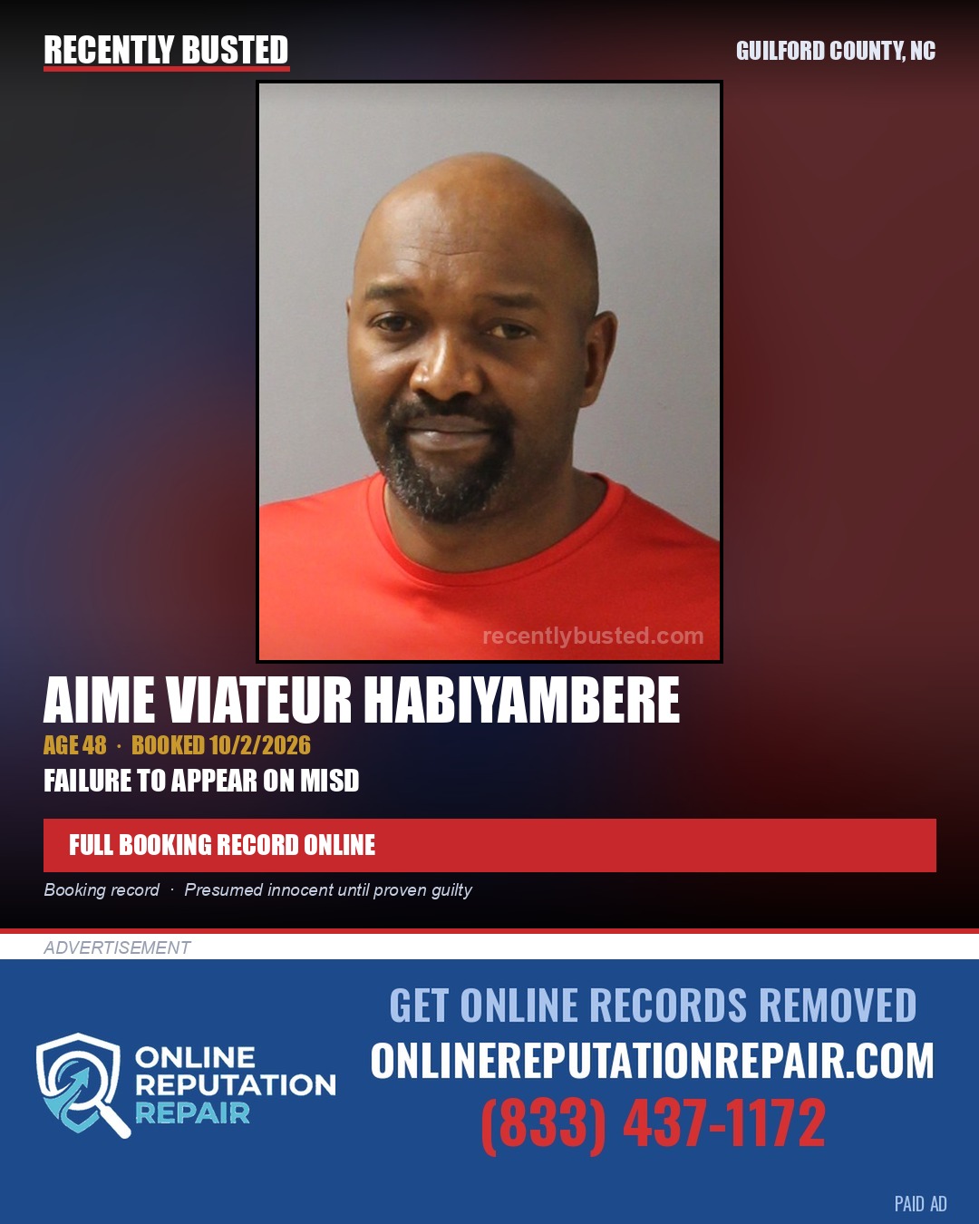 AIME VIATEUR HABIYAMBERE — arrest record card, Guilford County, North Carolina
