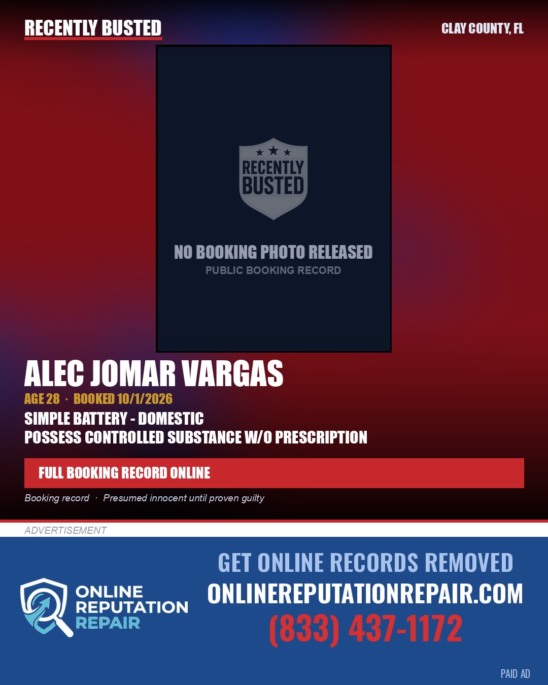 ALEC JOMAR VARGAS — arrest record card, Clay County, Florida